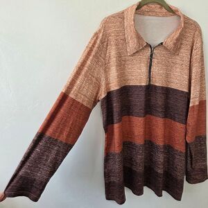 4XL Plus Size Brown Stripe Quarter Zip Athletic Top Athleisure Loungewear Autumn